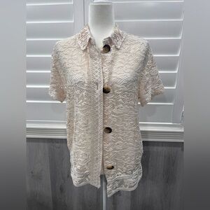 ZARA Woman Cream Lace Crochet Button Front Short Sleeve Blouse Top S resort